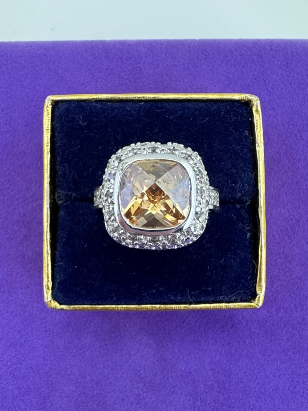 💛 White Gold Plated Cushion-Cut Champagne Halo Ring | Vintage Inspired